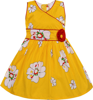 Wishkaro Girls Midi/Knee Length Casual Dress(Yellow, Sleeveless)