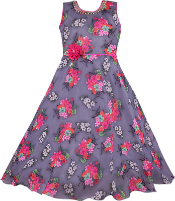 Wishkaro Girls Maxi/Full Length Party Dress(Grey, Sleeveless)