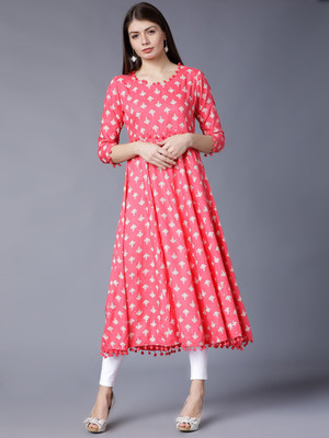 Vishudh Women Printed Anarkali Kurta(Pink)