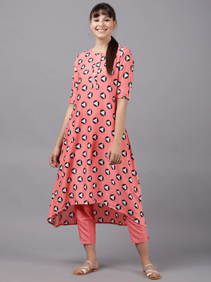 Vishudh Women Printed High Low Kurta(Orange)