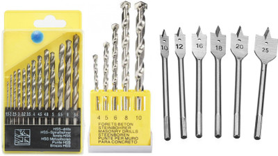 Digital Craft 13pcs 1.5-6.5mm HSS Twist Drill Bit Set for Metal Power Tools Accessories Drill Bit Tool 5pcs Masonry Drill Bits Tungsten Carbide Tipped Concrete Drilling Set, 6pcs Flat Wood Drill Bit Set Hex Shank Boring Bit For Wood PCB Plastic Hardwood Board Hole Saw Drilling Woodworking Tools