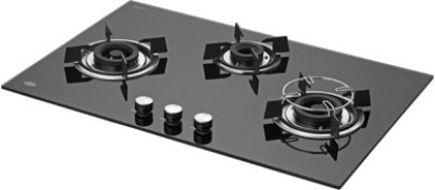 Kaff HBR 783B | Brass Burner | Auto Ignition | Black Tempered Glass | Metal Knobs Glass Manual Hob(3 Burners)