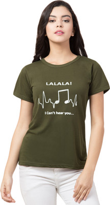 Kissero Printed Women Round Neck Green T-Shirt