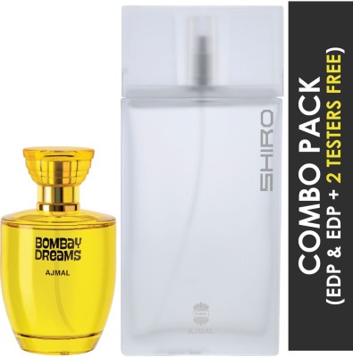 Ajmal Bombay Dreams EDP Floral Fruity Perfume 100ml for Women and Shiro EDP Citrus Spicy Perfume 90ml for Men + 2 Parfum Testers FREE Eau de Parfum  -  190 ml(For Men & Women)