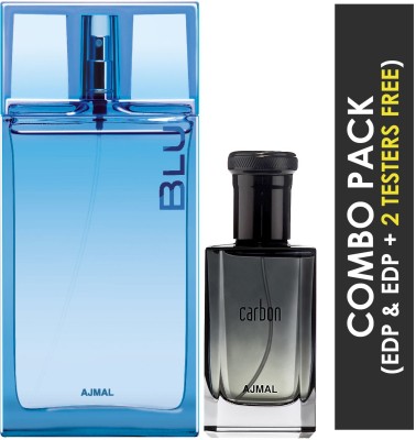 Ajmal Blu EDP Aquatic Woody Perfume 90ml for Men and Carbon EDP Citrus Spicy Perfume 100ml for Men + 2 Parfum Testers FREE Eau de Parfum  -  190 ml(For Men)