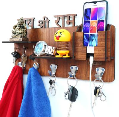 US DZIRE  813 Jai Shri Ram Wall Mount Mobile Charging Holder with Shelf, Key-Cloth Hanger, Multi-use For Sunglasses Watch Wallet Handcrafted Wooden...
