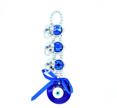 Puja N Pujari Three Elephant Evil Eye Nazar Suraksha Wall and Car Hanging for Good Luck Prosperity & Success Decorative Showpiece  -  25 cm(Crystal, Blue, Silver)