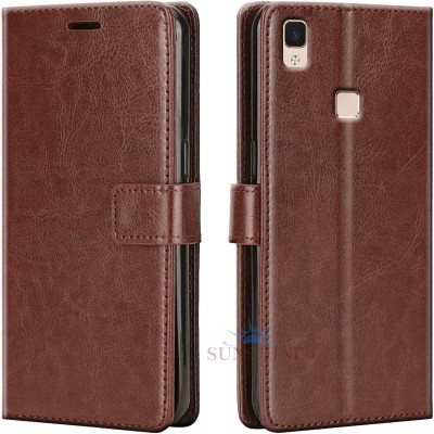 SUNSHINE Wallet Case Cover for Vivo v3| Inside TPU with Card Pockets | Wallet Stand | Magnetic Closure(Brown, Hard Case)