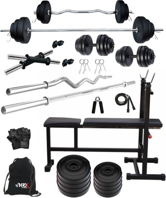 KRX 20 kg PVC 20 Kg Home Gym Set with One 3 Ft Curl & One 5 Ft plain Rod and One Pair Dumbbell Rods comes with 3 in 1 Bench and Gym Accessories Home Gym Combo