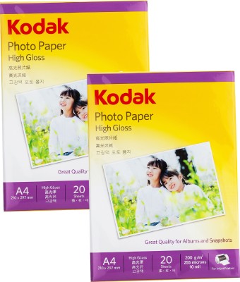 KODAK Photo Paper A4 (210x297mm) 200 GSM High Glossy Water Resistant Instant Dry For All Inkjet Printers 40 Sheets Unruled A4 200 gsm Photo Paper(Set of 2, White)