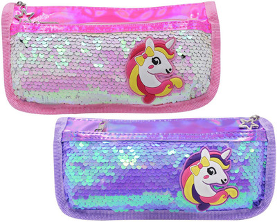 Quickk NA , Unicorn Art Polyester Pencil Boxes(Set of 2, Pink, Purple)