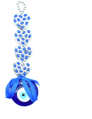 Puja N Pujari Heart Shape Evil Eye Protection Wall and Car Hanging for Good Luck Prosperity & Success Decorative Showpiece  -  25 cm(Metal, Crystal, Blue, Silver)