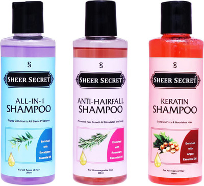 Sheer Secret All-In-One Shampoo 200ml, Anti Hairfall Shampoo 200ml and Keratin Shampoo 200ml(600 ml)