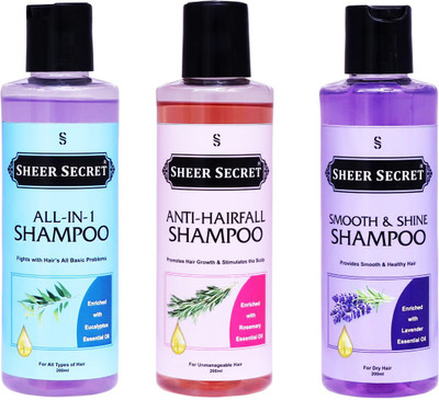 Sheer Secret All-In-One Shampoo 200ml, Anti Hairfall Shampoo 200ml and Smooth Shampoo 200ml(600 ml)