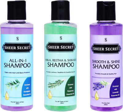 Sheer Secret All-In-One Shampoo 200ml, Amla Reetha Shikakai Shampoo 200ml and Smooth Shampoo 200ml(600 ml)