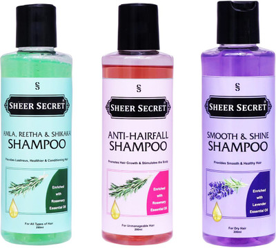 Sheer Secret Amla Reetha Shikakai Shampoo 200ml, Anti Hairfall Shampoo 200ml and Smooth Shampoo 200ml(600 ml)