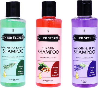 Sheer Secret Amla Reetha Shikakai Shampoo 200ml, Keratin Shampoo 200ml and Smooth Shampoo 200ml(600 ml)