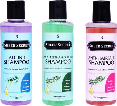 Sheer Secret All-In-One Shampoo 200ml, Amla Reetha Shikakai Shampoo 200ml and Anti Hairfall Shampoo 200ml(600 ml)