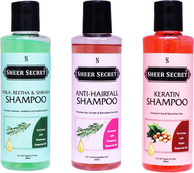 Sheer Secret Amla Reetha Shikakai Shampoo 200ml, Anti Hairfall Shampoo 200ml and Keratin Shampoo 200ml(600 ml)