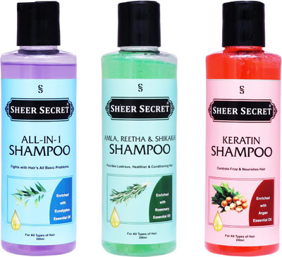 Sheer Secret All-In-One Shampoo 200ml, Amla Reetha Shikakai Shampoo 200ml and Keratin Shampoo 200ml(600 ml)