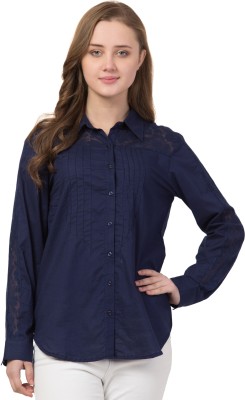 Cwtch Women Solid Casual Dark Blue Shirt