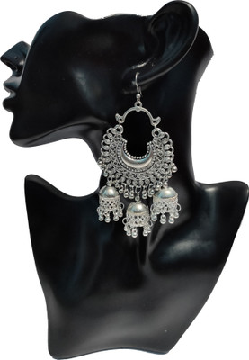 A One A One Oxidised German Silver Afghani High Class Chandbali With Tripple Jhumki Hanging Earrings Alloy Chandbali Earring