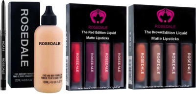 ROSEDALE Smudge Proof HDA14 Essential Makeup Drama Kohl Kajal & 3in1 Eyeliner , Mascara , Eyebrow Pencil & Professional Complexion Fir Face & Body Foundation & The Red Edition Set of 4 Liquid Matte Lipstick & The Brown Edition Set of 4 Lipstick(10 Items in the set) ROSEDALE Smudge Proof HDA14 Essential Makeup Drama Kohl Kajal & 3in1 Eyeliner , Mascara , Eyebrow Pencil & Professional Complexion Fir Face & Body Foundation & The Red Edition Set of 4 Liquid Matte Lipstick & The Brown Edition Set of 4 Lipstick(10 Items in the set)