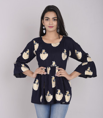 Surhi Casual Bell Sleeve Printed Women Dark Blue Top