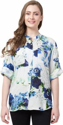 Cwtch Casual Roll-up Sleeve Floral Print Women Multicolor, Light Blue Top