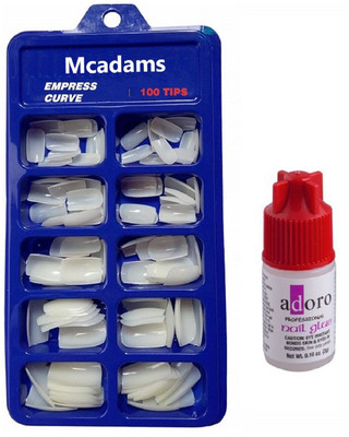 McAdams Reusable 100 Tips Fake Acrylic Artificial Nails with Glue White(Pack of 100)