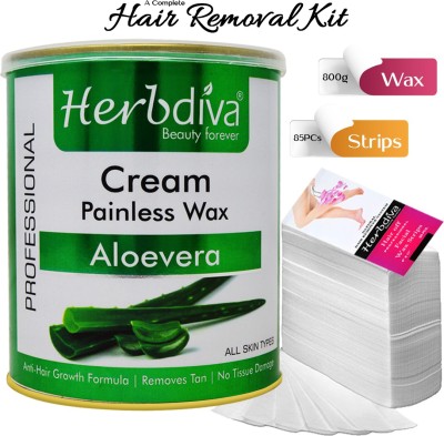 Herbdiva Aloevera Painless Hair Removal Wax 800gm with Strips 85PCS Wax(800 g, Set of 2)