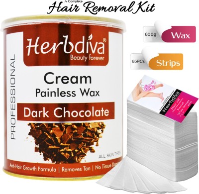 Herbdiva Dark Chocolate Painless Cream Hair Removal Wax 800gm with Strips 85PCS Wax(800 g, Set of 2)