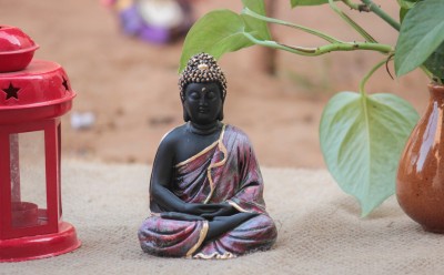 White Box Resin Meditating Samadhi Buddha Statue Sitting on Lotus Decorative Idol Showpiece (4 X 2 X 6 inch, Black Red) Decorative Showpiece  -  13 cm(Polyresin, Multicolor)