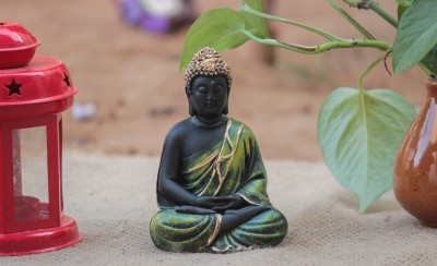 White Box Resin Meditating Samadhi Buddha Statue Sitting on Lotus Decorative Showpiece For Home Decor (9 X 8 X 13 cm, Black Green) Decorative Showpiece  -  13 cm(Polyresin, Multicolor)