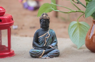 White Box Resin Meditating Samadhi Buddha Statue Sitting on Lotus Decorative Showpiece For Home Decor (9 X 8 X 13 cm, Black Blue) Decorative Showpiece  -  13 cm(Polyresin, Multicolor)
