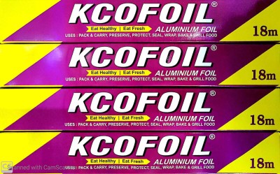 Kcofoil KCO FOIL 18m Aluminium Silver Kitchen Foil Roll Paper Pack of 4, 11 Micron Thick, Food wrap, Bacteria Resistant, Disposable, Food Parcel, Hookah, Fresh Food Aluminium Foil(Pack of 4, 72 m)