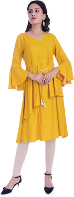 3SIX5 Women Solid Flared Kurta(Yellow)