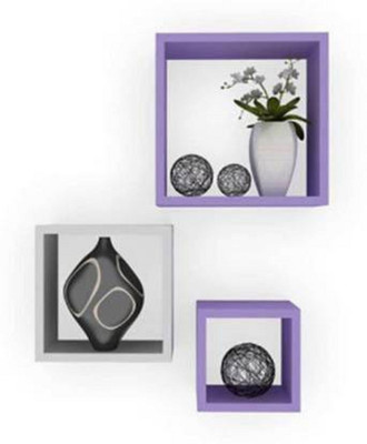 Hubwooden GOOD Floating Shelves Wall Display Shelf Wall Shelf Interlocking Cube Mount Home Decor Books Photos Set of Cube Square Wooden Wall Shelf(Number of Shelves - 3, White, Purple)
