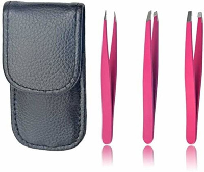 Gugzy Tweezers Set 3 Pieces Stainless Steel Tweezers for Eyebrow, Facial and Body Hair with Compact Travel Case Gift Plucker set