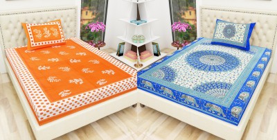 Indram 144 TC Cotton Single Printed Flat Bedsheet(Pack of 2, Orange, Blue)