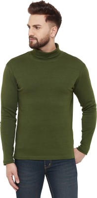 HYPERNATION Solid Men High Neck Dark Green T-Shirt