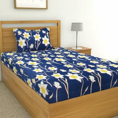 Divine Homes Microfiber Single Flat 150 TC Printed Bedsheet(Pack of 1, Blue)