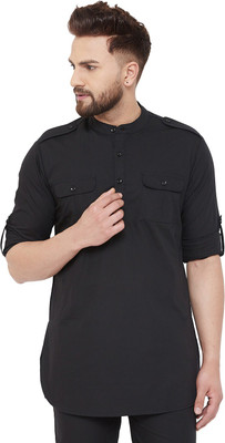 HYPERNATION Men Solid Pathani Kurta(Black)