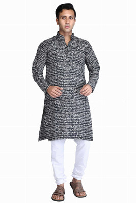 tant ghar Men Self Design Straight Kurta(Black)