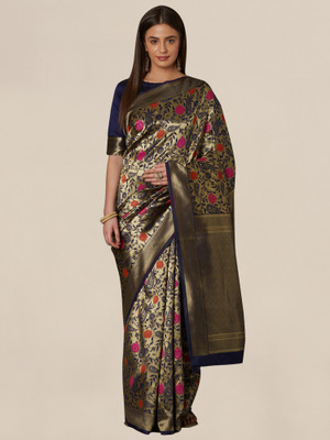 Ratnavati Woven, Embellished Kanjivaram Silk Blend Saree(Gold, Blue)