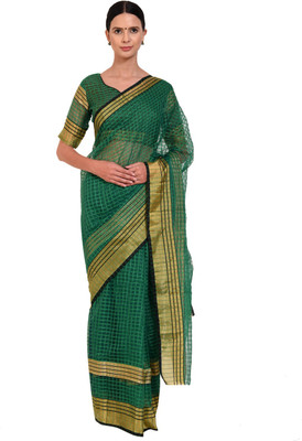 Divastri Checkered Kota Doria Cotton Silk Saree(Green)