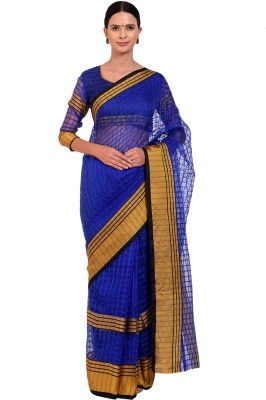 VKARAN Checkered Bollywood Cotton Silk Saree(Blue)