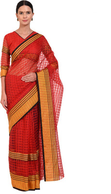 Suali Checkered Bollywood Cotton Silk Saree(Red)