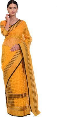 Suali Checkered Bollywood Cotton Silk Saree(Yellow)