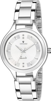 EDINARO ED-2004W Stone Studded Round Silver Dial with Silver Metallic Bracelet Chain Strap Analog Watch  - For Women